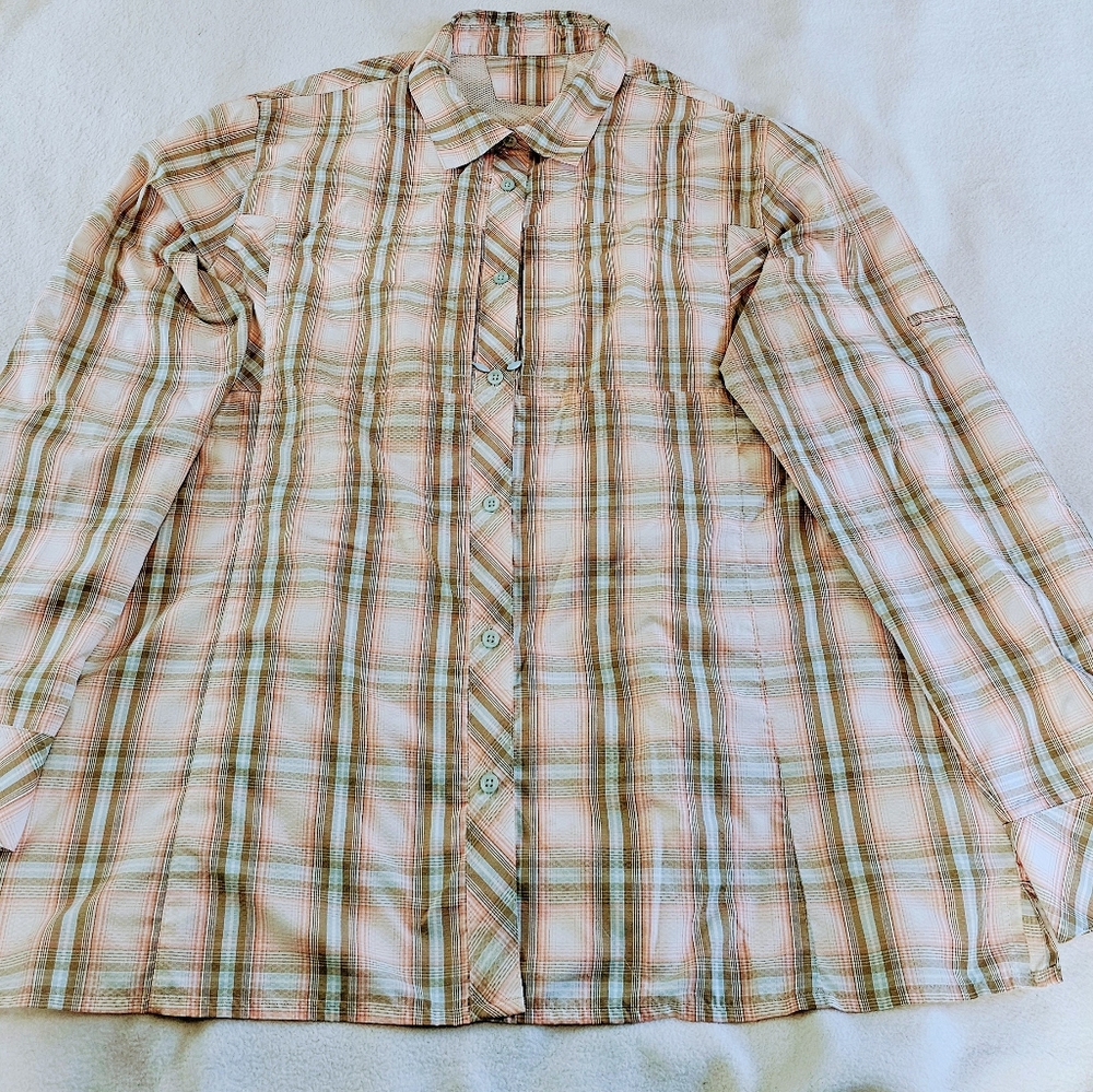 World Wide Sportman women's long-sleeve shirt, peach/ tan plaid, sz XL